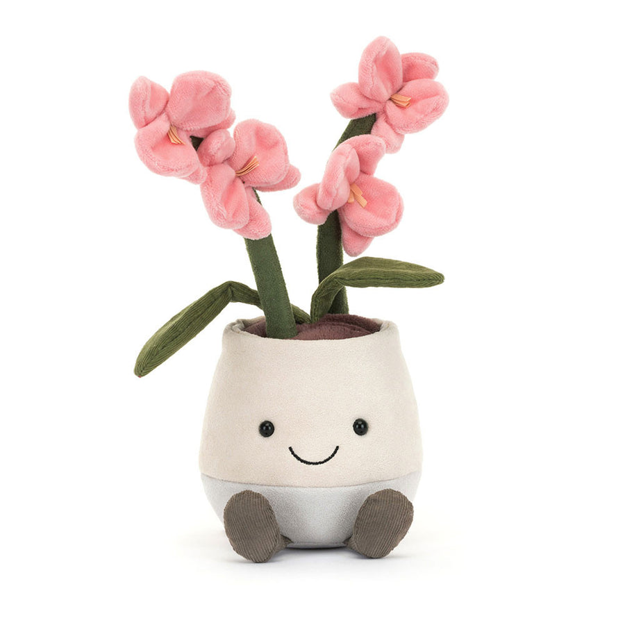 Jellycat Amuseables Potted Orchid bakfra – myke blågrønne blader og koksgrå kordføtter
