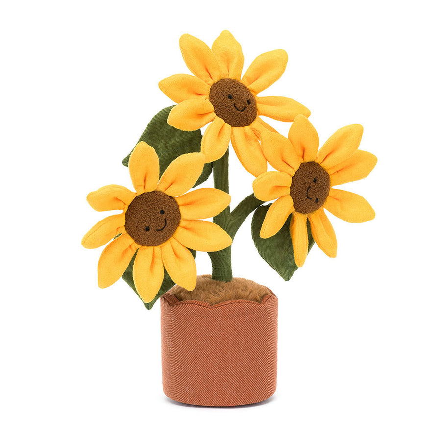 Jellycat Amuseables Potted Sunflower – tre gule og grønne solsikker i potte med smilende ansikter, 35 cm