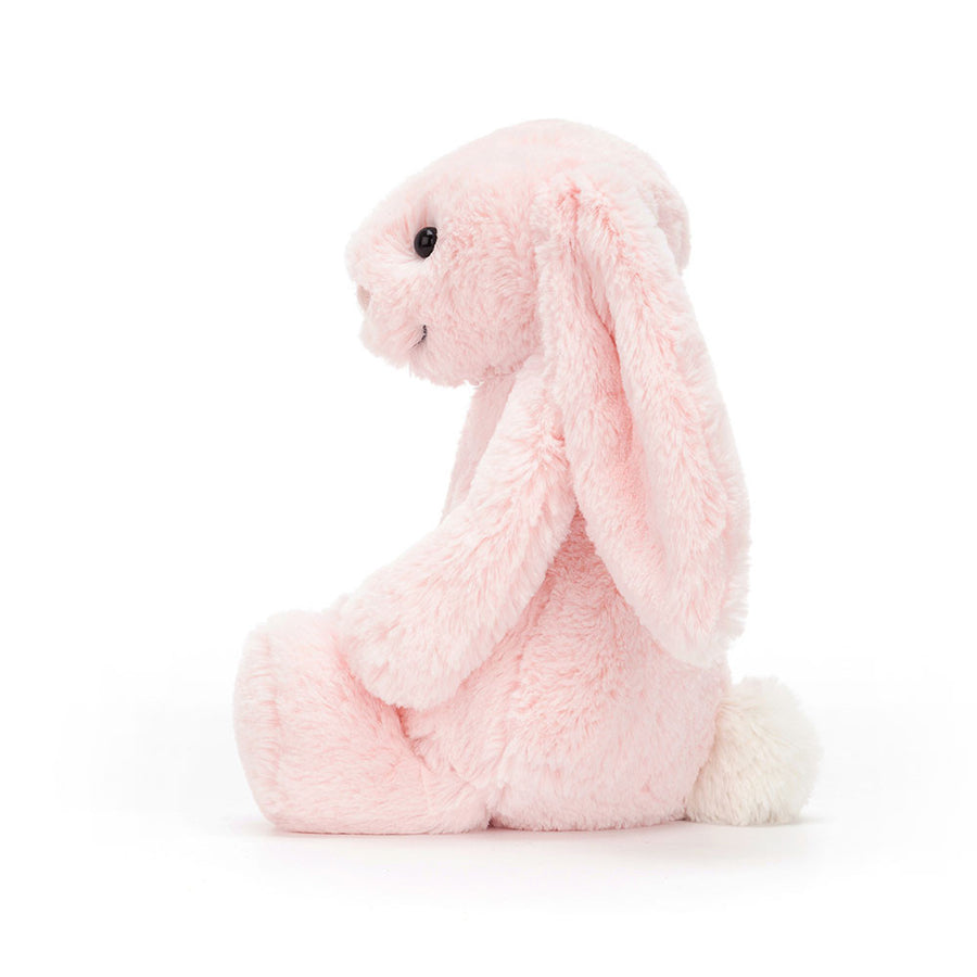 Jellycat Bashful Pink Bunny sett fra siden – rosa plysj kanin med lange hengende ører