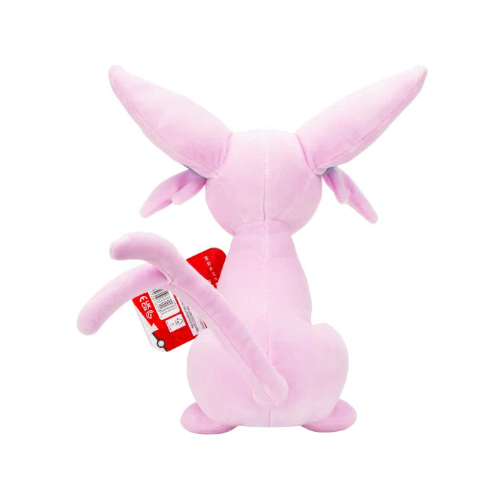 Espeon Pokémon kosedyr sett fra siden – rosa plysj med store lilla øyne og lang delt hale, 20 cm