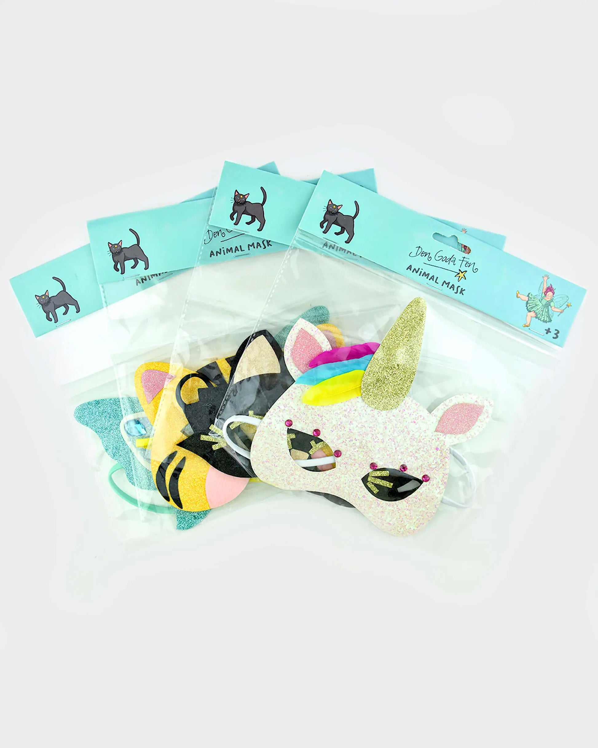 Glitter dyremaske for barn – enhjørning, tiger, katt & sommerfugl (19 cm) | Den Gode Fen - Bamsedyra AS