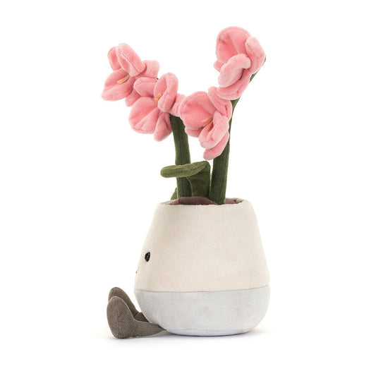 Jellycat Amuseables Potted Orchid – rosa plysjorkidé på ca. 25 cm i tofarget potte