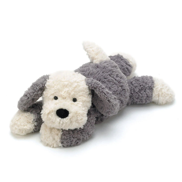 Jellycat Tumblie Sheep Dog – liggende gjeterhund-kosedyr med lodden grå og kremhvit pels, 36 cm